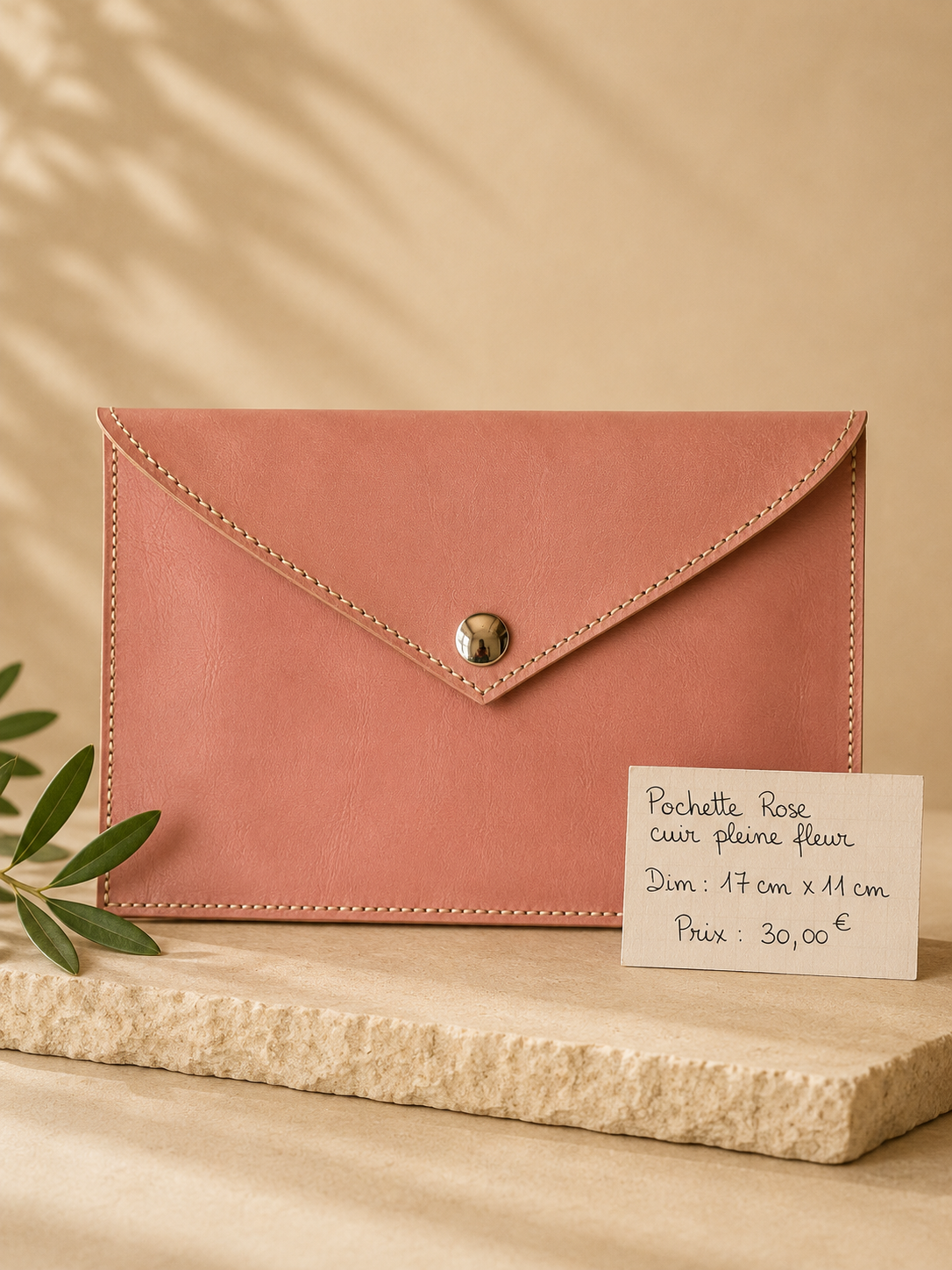 Pochette rose cuir pleine fleur
