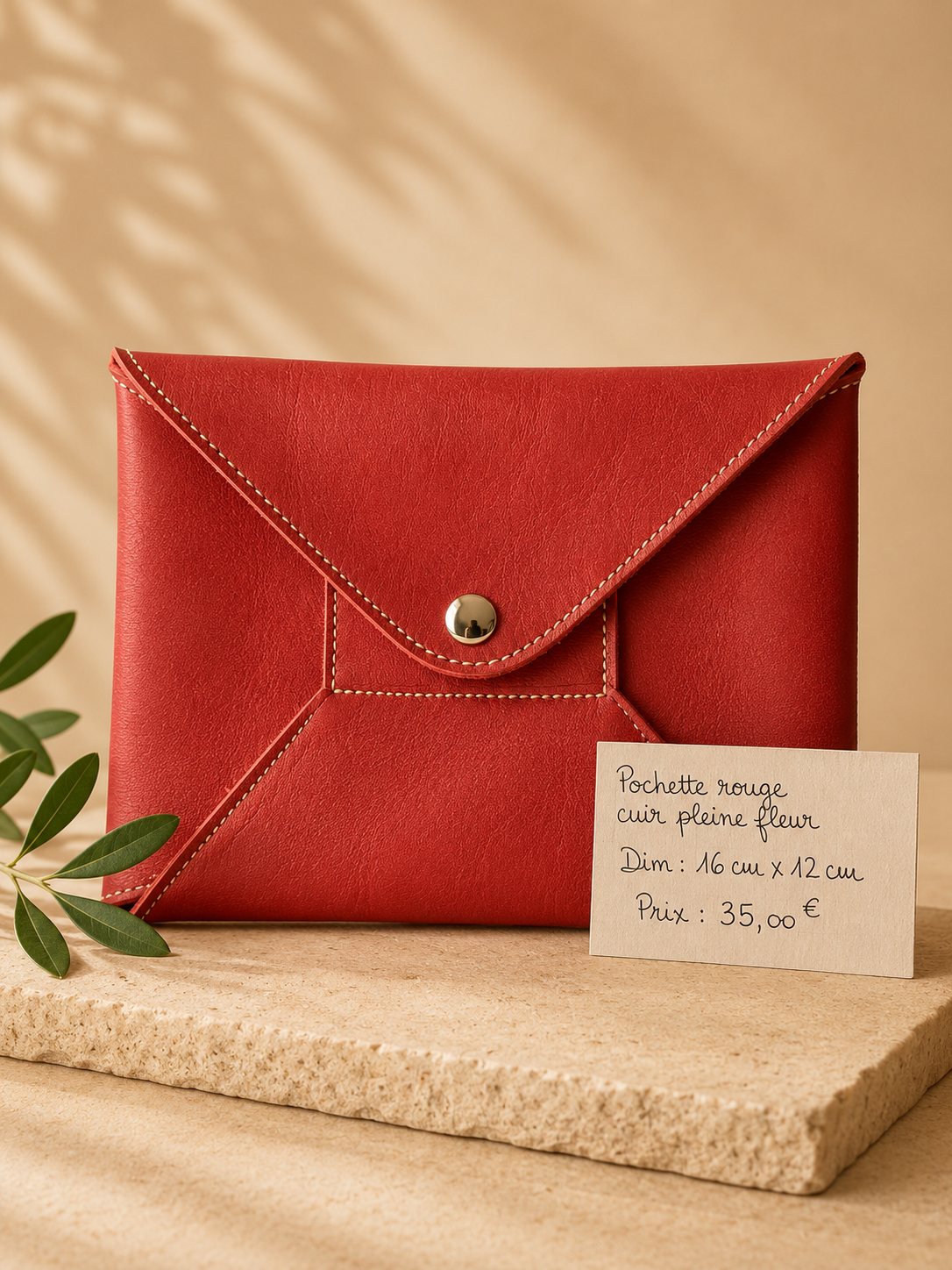 Pochette rouge cuir pleine fleur