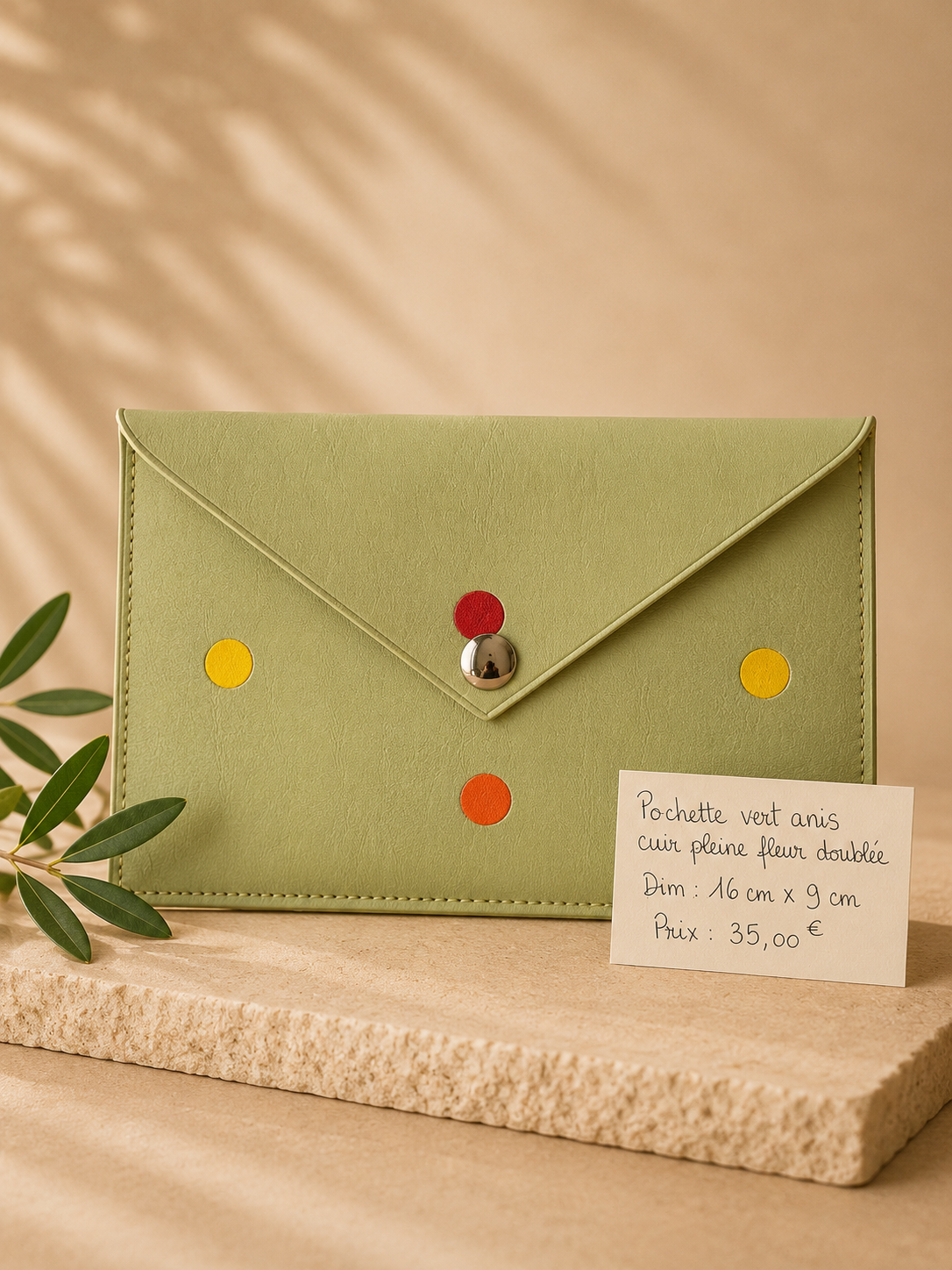 Pochette vert anis cuir pleine fleur doublée